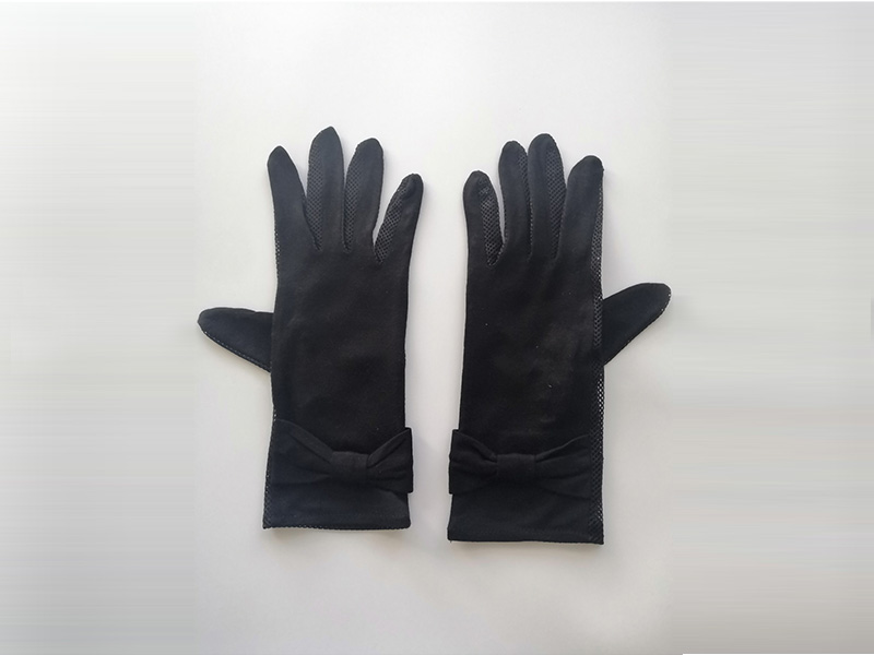 UV protection solid color gloves with bow and grid cloth splicing